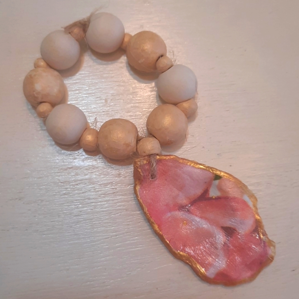 Floral Pink &  Gold Decoupage Oyster Shell Beaded Accents #962
